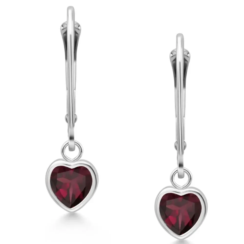 925 Sterling Silver 1.44 Cttw Red Rhodolite Garnet Heart Leverback Drop Earrings
